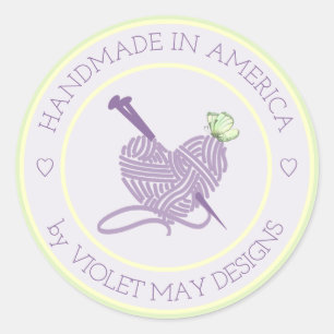 Handmade in - Heart Pastel Knitting & Yarn Craft Classic Round Sticker
