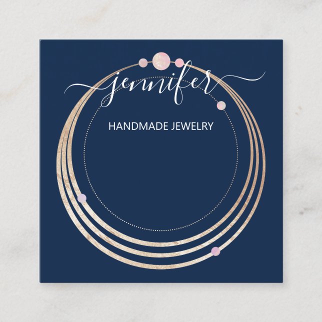 Handmade Jewelry Custom Logo Gold Blue Navy Framed Square Business Card (Front)