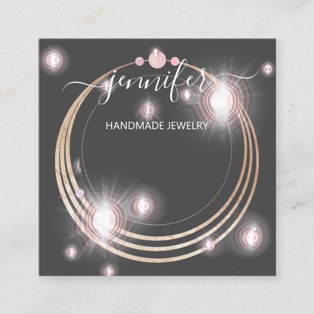 Handmade Jewelry Custom Logo Gold Rose Gray Square Business Card (Front)