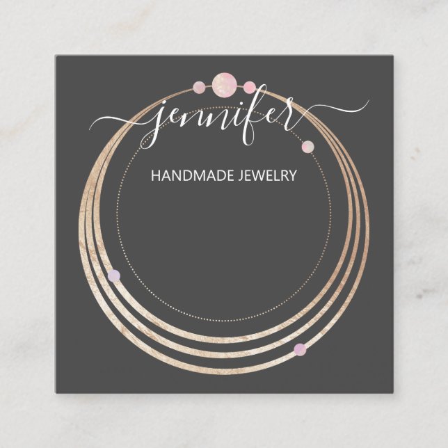 Handmade Jewelry Custom Logo Gold Rose Gray Square Business Card (Front)
