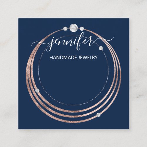 Handmade Jewelry Custom Logo Rose Gold Blue Navy Square Business Card