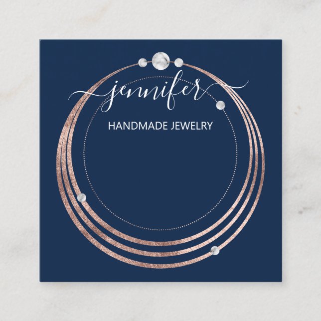 Handmade Jewelry Custom Logo Rose Gold Blue Navy Square Business Card (Front)