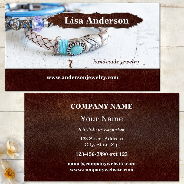 Handmade Jewelry Faux Leather Business Card (Modern design business card featuring an image of handmade jewelry on dark brown faux leather)