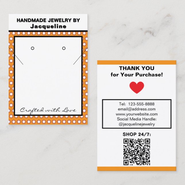 Handmade Jewelry Orange White Polka Dots Business Card (Front/Back)