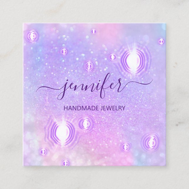 Handmade Jewelry Purple Logo Fashion Holographic Square Business Card (Front)