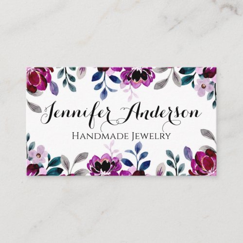 Handmade Jewelry Watercolor Floral Burgundy Script Business Card