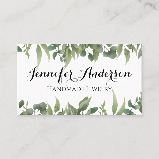 Handmade Jewelry Watercolor Mint Eucalyptus Leaf Business Card (Front)