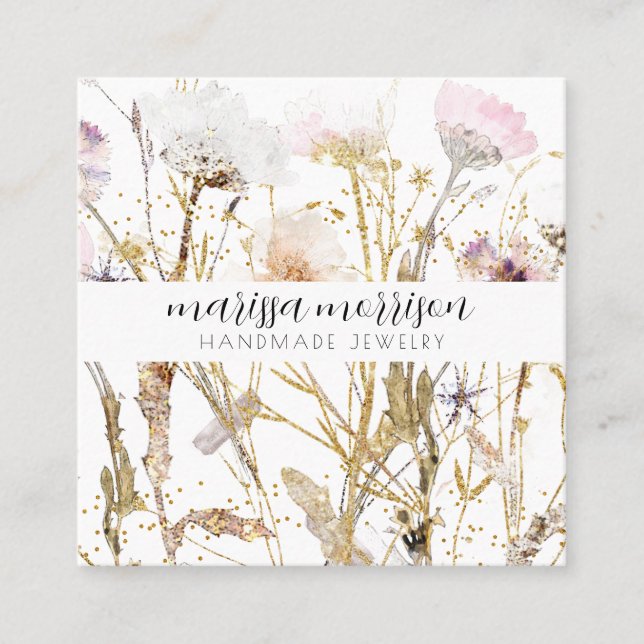 Handmade Jewelry Wildflower Botanical Pink Gold Square Business Card (Front)