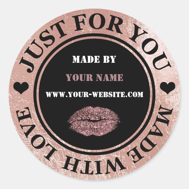 Handmade Just For You Made Rose Gold Glitter Kiss Classic Round Sticker (Front)