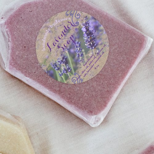 Handmade Lavender Soap Rustic Burlap Texture  Classic Round Sticker