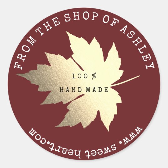 Handmade Logo Name Maple Leaf Web Burgundy Gold Classic Round