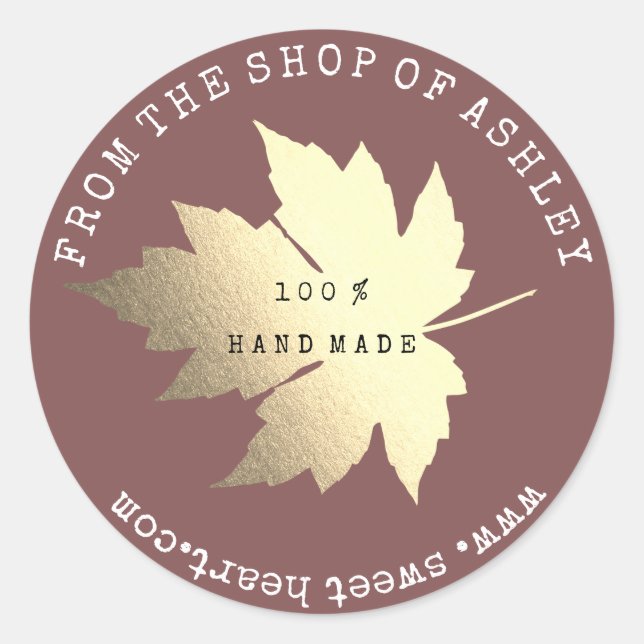 Handmade Logo Name Maple Leaf Web Red Bin Gold Classic Round Sticker (Front)