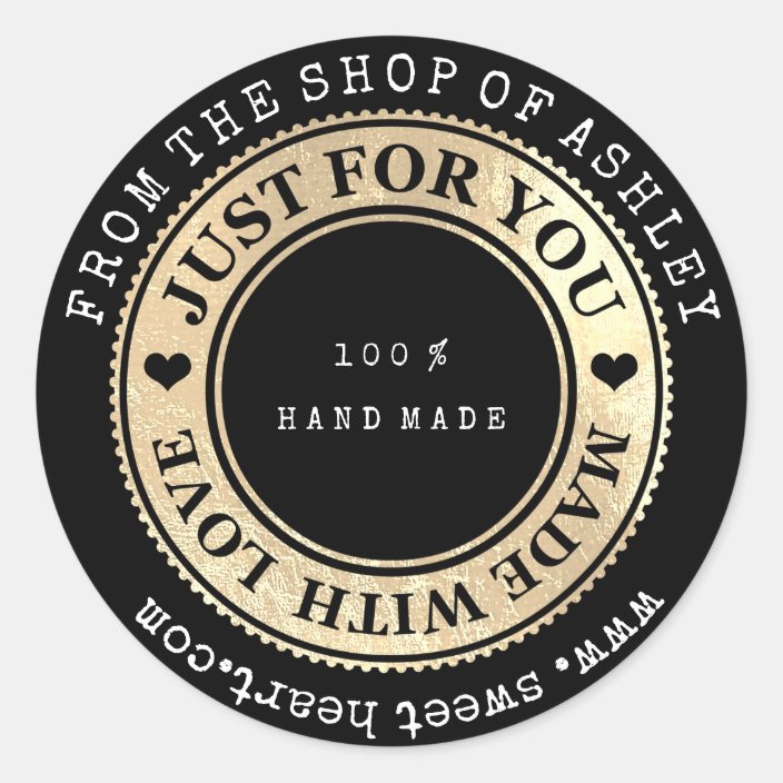 Handmade Logo Name Web Heart Love Black Gold Wow Classic Round Sticker Zazzle Com