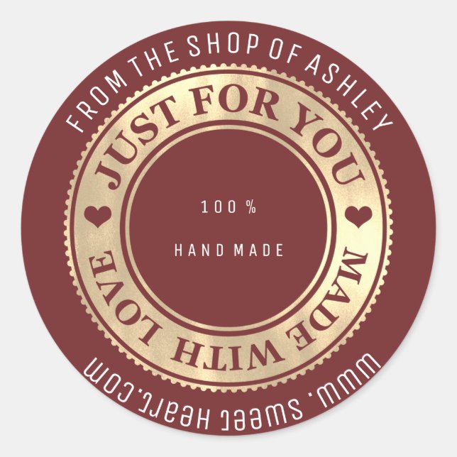 Handmade Logo Name Web Heart Love Maroon Gold1 Classic Round Sticker (Front)