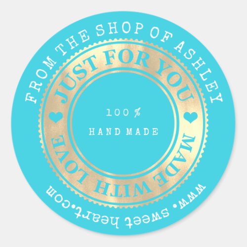 Handmade Logo Name Web Heart Love Ocean Blue Gold Classic Round Sticker