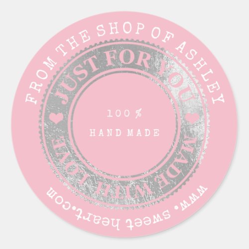 Handmade Logo Name Web Heart Love Pink  Silver Wow Classic Round Sticker