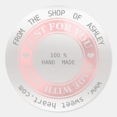 Handmade Logo Name Web Heart Love Silver Pink Gray Classic Round Sticker