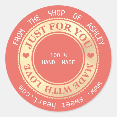 Handmade Logo Name Web Hearts Love Gold Coral Classic Round Sticker