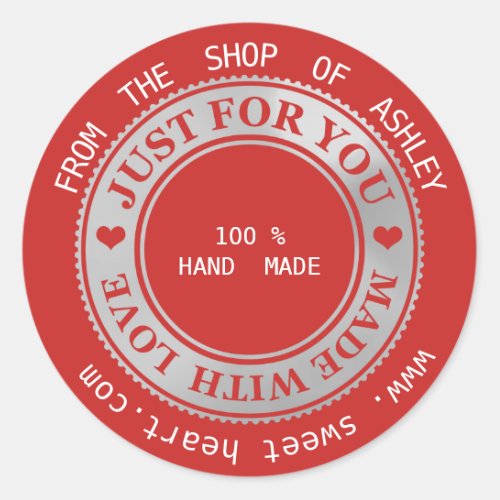 Handmade Logo Name Web Hearts Love Gray  Red Classic Round Sticker