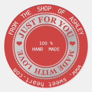 Handmade Logo Name Web Hearts Love Gray Red Classic Round Sticker