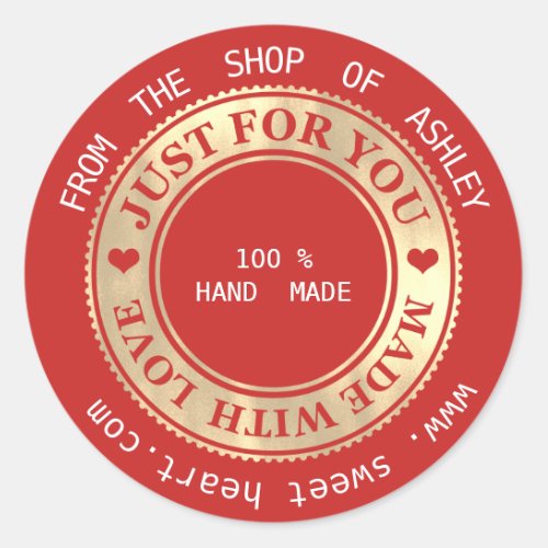 Handmade Logo Name Web Hearts Love Red Gold Classic Round Sticker