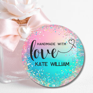 Handmade love pastel holographic glitter classi classic round sticker