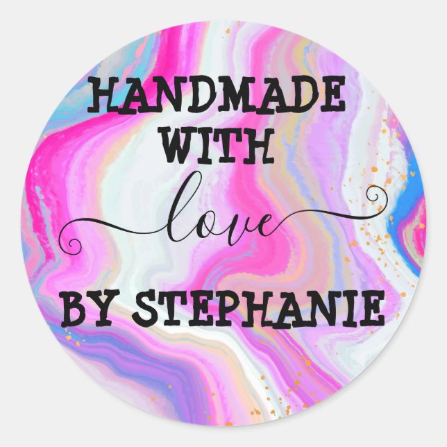 Handmade love pastel rainbow marble glitter  classic round sticker (Front)