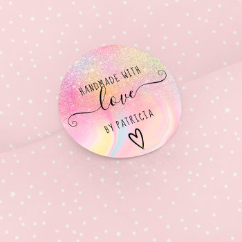 Handmade Love Pastel Rainbow Marble Glitter Classic Round Sticker by girly_trend at Zazzle