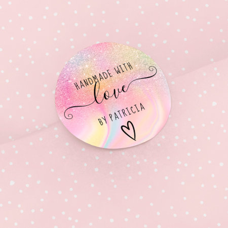 Handmade Love Pastel Rainbow Marble Glitter Classic Round Sticker