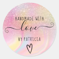 Handmade love pastel rainbow marble glitter classic round sticker