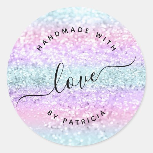 Handmade love pastel rainbow marble glitter  classic round sticker