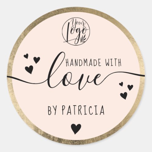 Handmade love script black logo hearts gold pink classic round sticker
