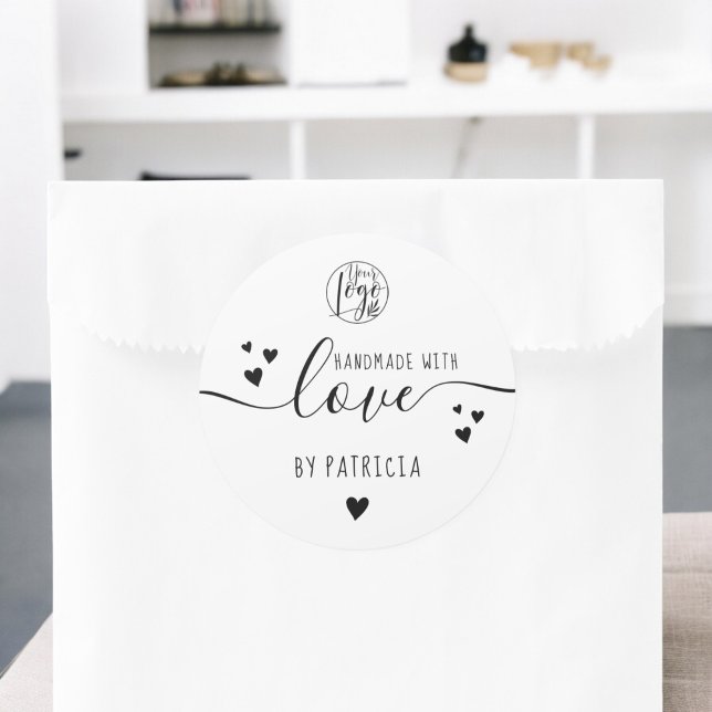 Handmade love script logo hearts black and white classic round sticker (Handmade love script logo hearts black and white classic round sticker)