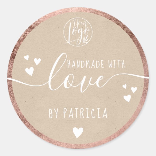 Handmade love script logo hearts rose gold kraft classic round sticker (Front)