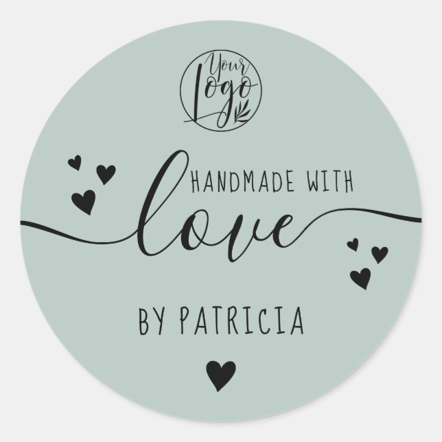 Handmade love script logo hearts sage green classic round sticker (Front)