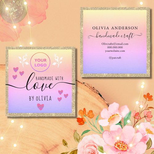 Handmade love typography gold glitter pink logo square business card