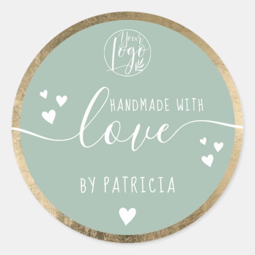 Handmade love typography logo hearts gold green classic round sticker