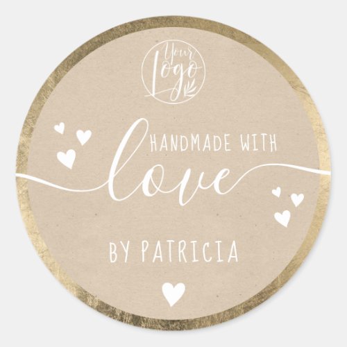 Handmade love typography logo hearts gold kraft classic round sticker