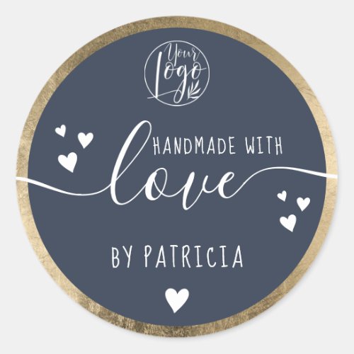 Handmade love typography logo hearts gold navy classic round sticker