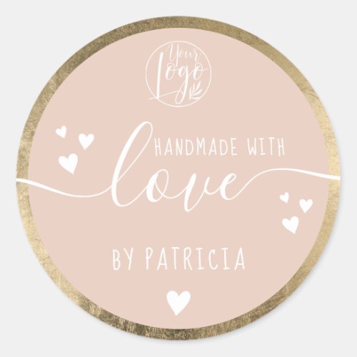 Handmade love typography logo hearts gold pink classic round sticker