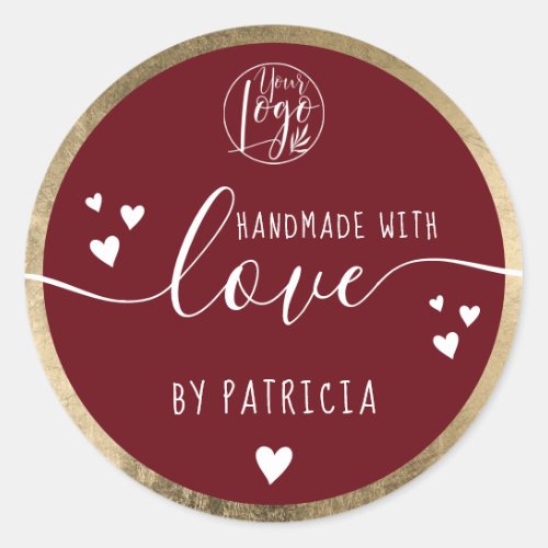 Handmade love typography logo hearts gold red classic round sticker
