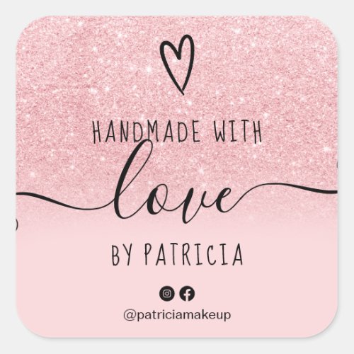 Handmade love typography pink glitter sparkles square sticker
