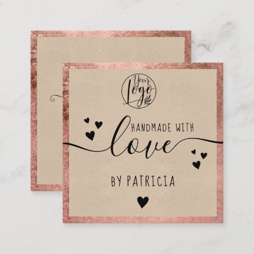 Handmade love typography rose gold kraft square business card