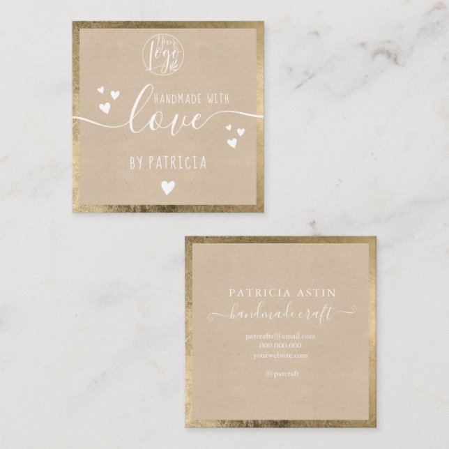 Handmade love typography rustic gold kraft logo square business card (Front/Back)