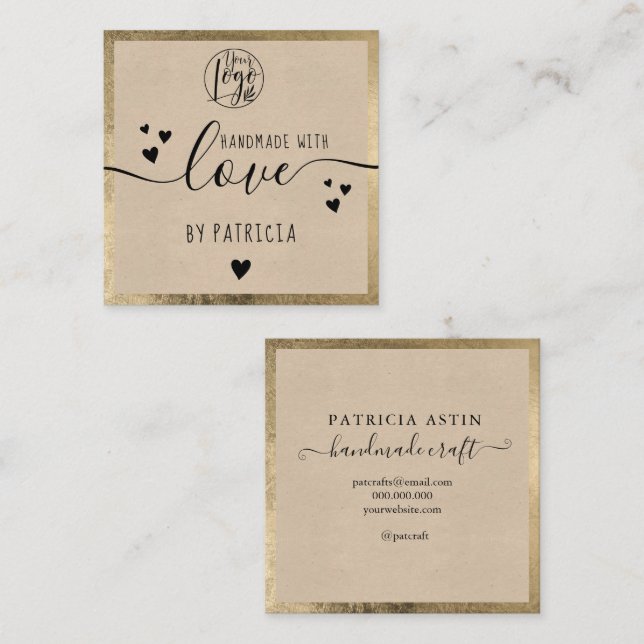 Handmade love typography rustic gold kraft logo square business card (Front/Back)