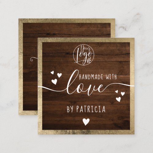 Handmade love typography rustic gold wood logo square business card