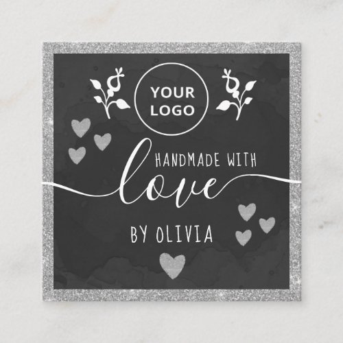 Handmade love typography silver glitter Black Logo Square Business Card