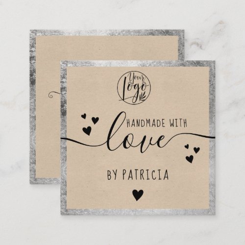 Handmade love typography silver kraft square business card