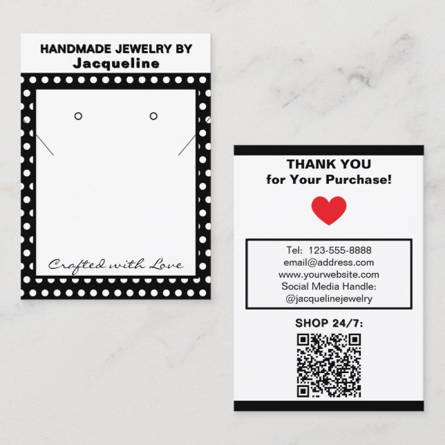 Handmade Necklace Earrings Black White Polka Dots Business Card (Front/Back)