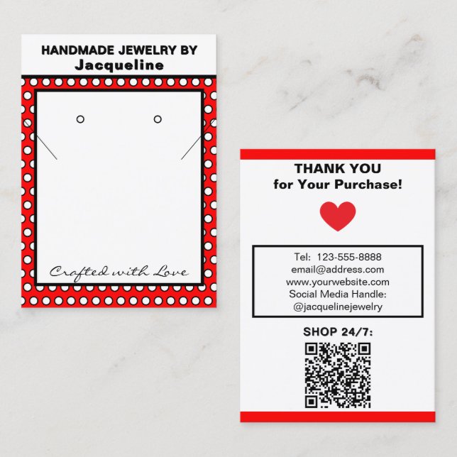 Handmade Necklace Earrings Red White Polka Dots Business Card (Front/Back)